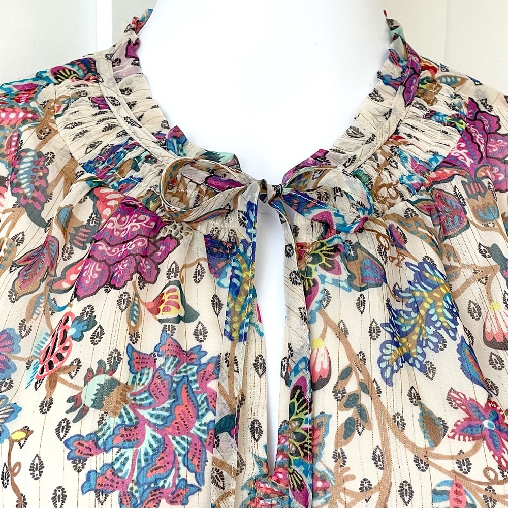 LOFT Ann Taylor Chiffon Bohemian Blouse Shimmer Vine Smocked Ruffle Tie Neck - Picture 2 of 16